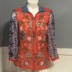 Vincente  Womens Embroidered Floral Sheer Sleeve Poly Blouse Sz S